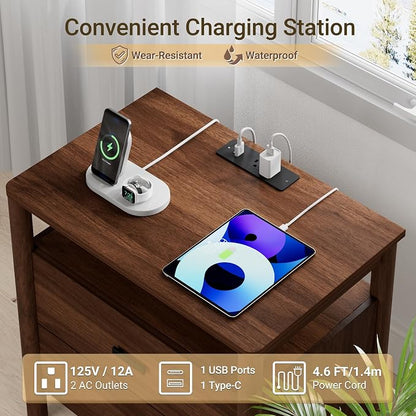 Night Stand with Charging Station, 2 Drawers Nightstand with Open Shelf - Image 4