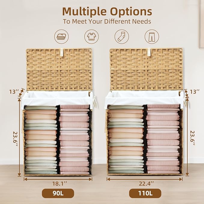 Woven Laundry Basket with Lid, Large Hamper with Removable and Machine-Washable - Image 7