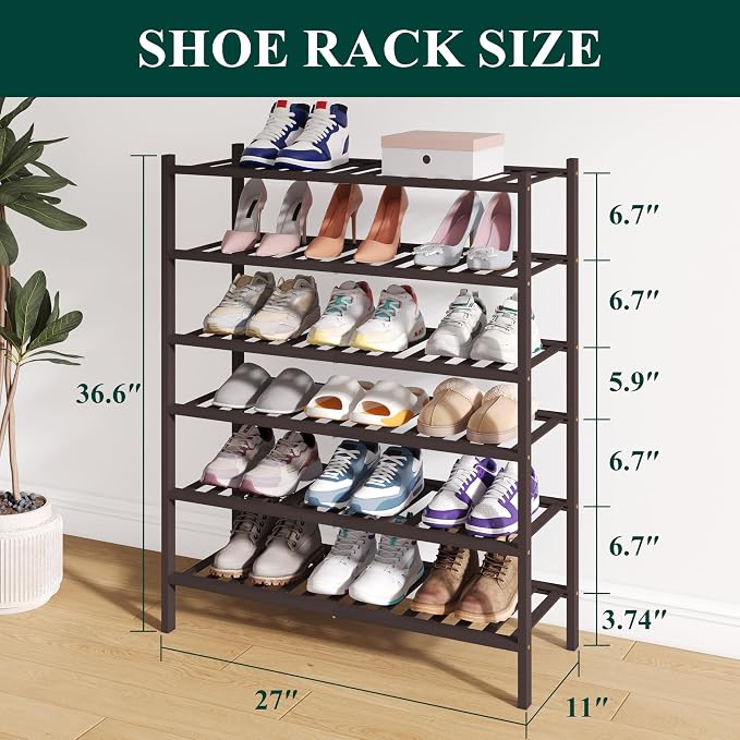Smiry Bamboo Shoe Rack for Closet, 6 Tier Wooden Stackable Shoe Organizer - Image 2