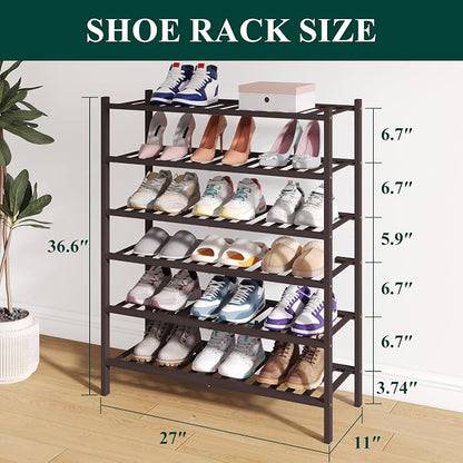 Smiry Bamboo Shoe Rack for Closet, 6 Tier Wooden Stackable Shoe Organizer - Image 2