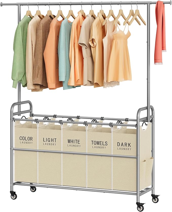 Tajsoon Laundry Sorter with Hanging Bar, 5 Bag Laundry Sorter with Wheels by Tajsoon