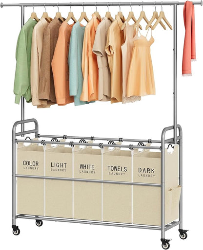 Tajsoon Laundry Sorter with Hanging Bar, 5 Bag Laundry Sorter with Wheels by Tajsoon