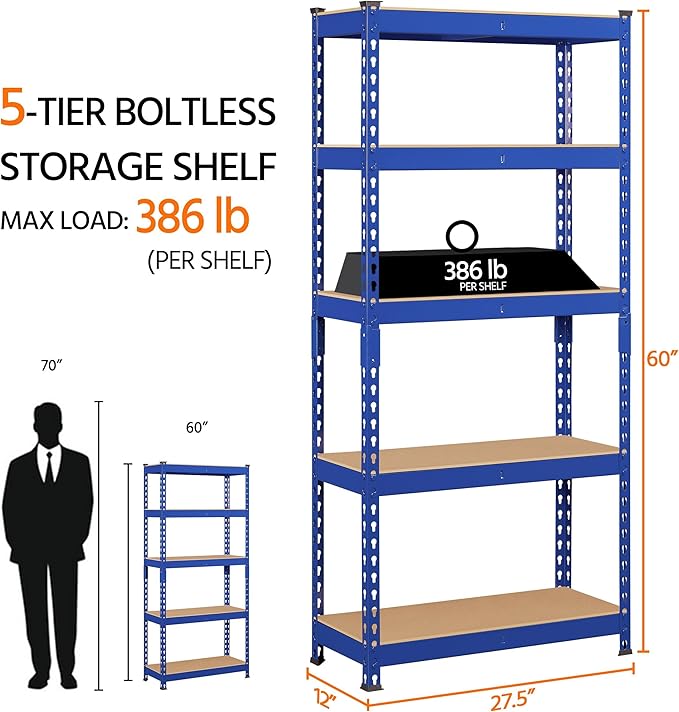 Topeakmart 5-Tier Utility Shelves, Metal Storage Shelves, Adjustable Shelving - Image 3
