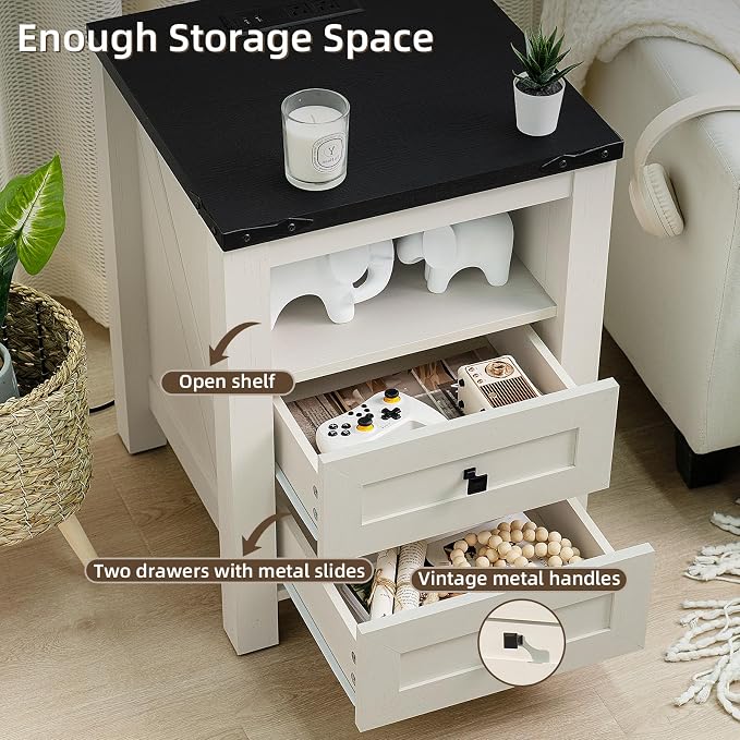 Night Stands with Charging Station Set of 2, Farmhouse Nightstand, Bed Side - Image 6