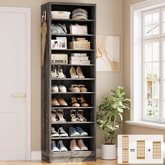 Aheaplus Narrow Shoe Cabinet, 10 Tiers Tall Wood Shoe Rack, Shoe Storage by Aheaplus