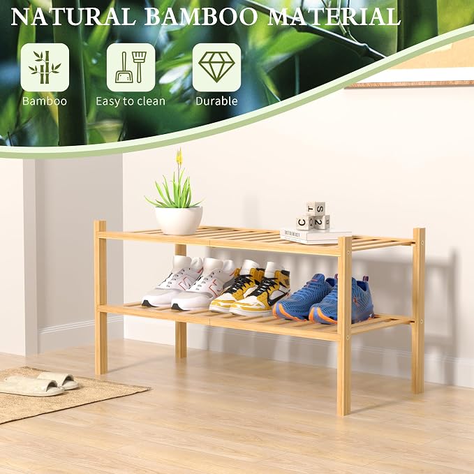 2 Tier Bamboo Shoe Rack for Closet Free Standing Wood Shoe Shelf for Entryway - Image 6