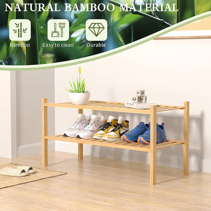2 Tier Bamboo Shoe Rack for Closet Free Standing Wood Shoe Shelf for Entryway - Image 6