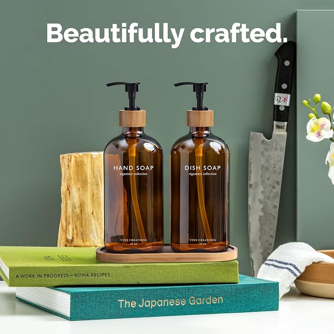 Vine Creations Amber Glass Soap Dispenser Set, Hand Soap and Dish Soap - Image 2