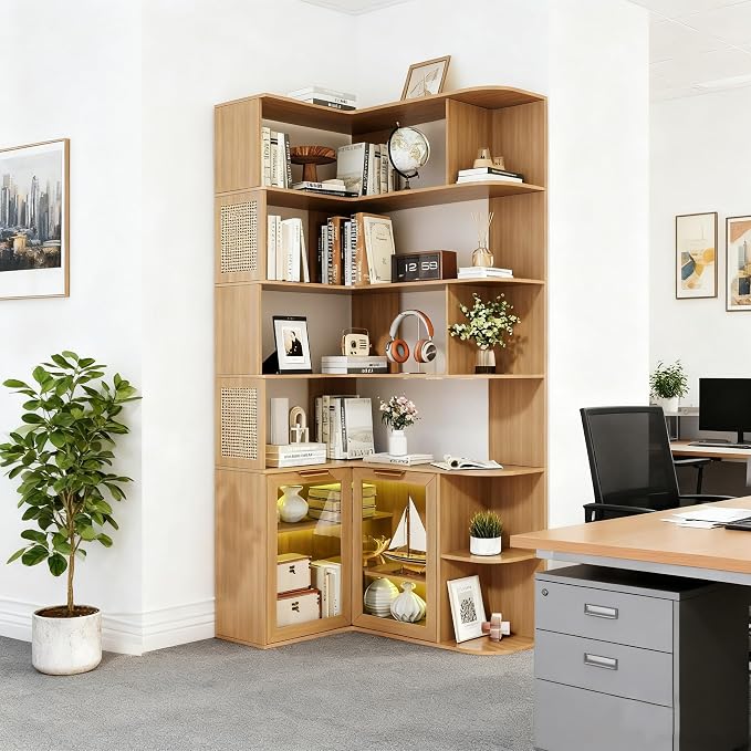 Corner Shelf with Storage Cabinet, 7-Tier Corner Bookshelf, Farmhouse L Shaped - Image 9