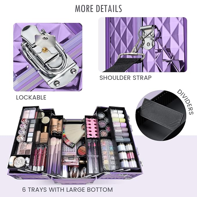 FRENESSA Makeup Train Case Makeup Case 12.6 Inch Large Cosmetic Box Organizer - Image 4
