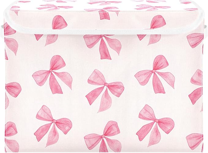 Pink Bow Storage Bins with Lids and Carrying Handle, Foldable Storage Boxes by LLCxigua