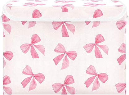 Pink Bow Storage Bins with Lids and Carrying Handle, Foldable Storage Boxes by LLCxigua