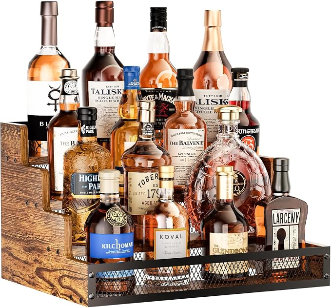 Yuzehuaza 4 Step Countertop Liquor Bottle Display Shelf, Wood Bar Shelves 16 by Yuzehuaza