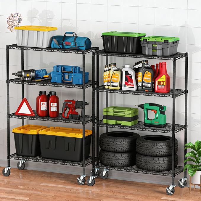 4 Tier Wire Metal Shelving Rack Garage Storage Rolling Shelves - Image 2