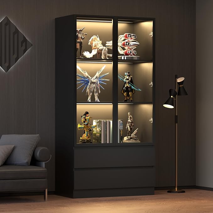 Wooden Display Cabinet with Glass Doors & 2 Drawers, LED Lights Glass Display - Image 3