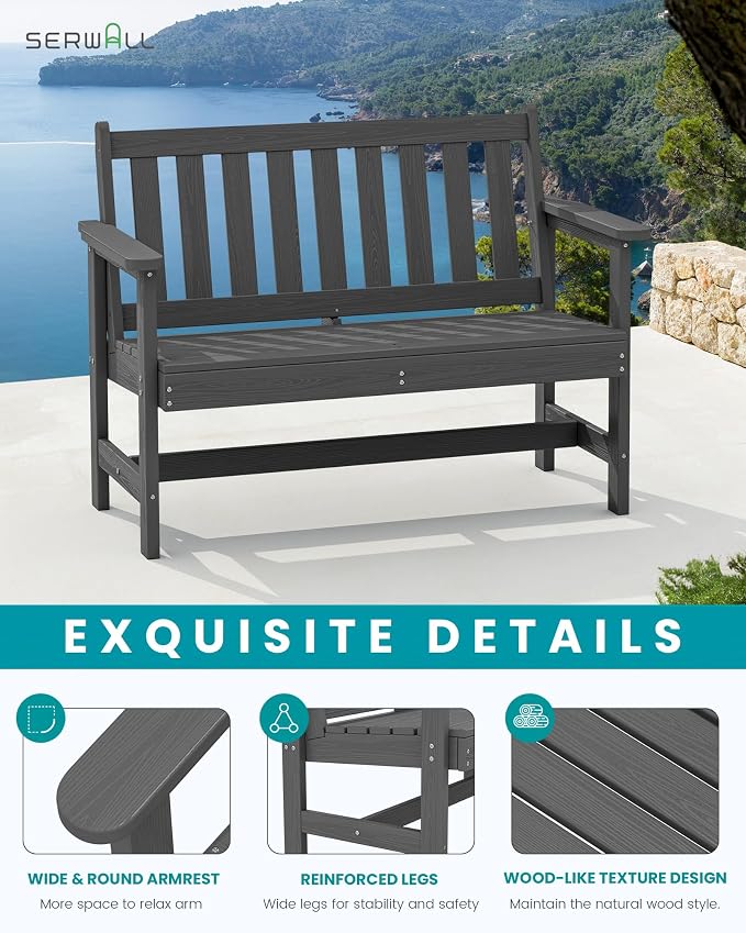 SERWALL HDPE Outdoor Bench, Weatherproof Porch Bench, 1 Pack, Suitable - Image 4