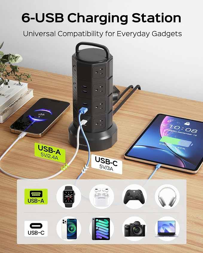 Power Strip Tower Surge Protector, JACKYLED 16 Outlets 6 USB Charging Station - Image 5