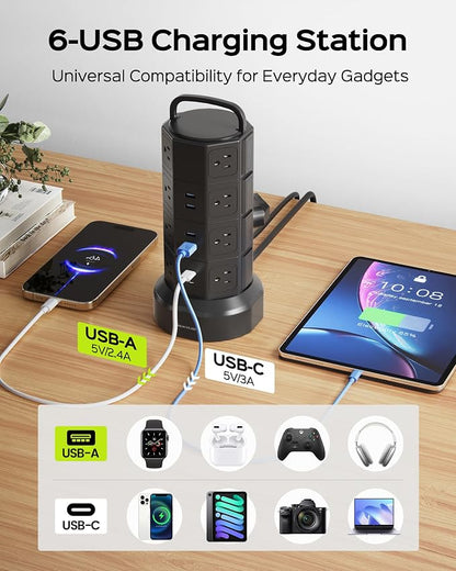 Power Strip Tower Surge Protector, JACKYLED 16 Outlets 6 USB Charging Station - Image 5