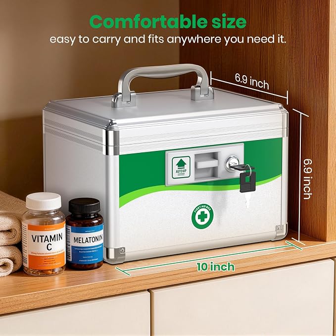 Medicine Lock Box with Keys, Small 10x6.9x6.9in, Aluminum Child-Safe Lock | - Image 4