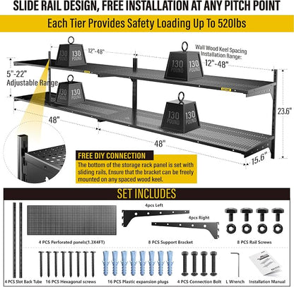2-Pack 2 Tier 1.3x4ft Garage Shelving Wall Mounted, 520lbs Load - Image 5