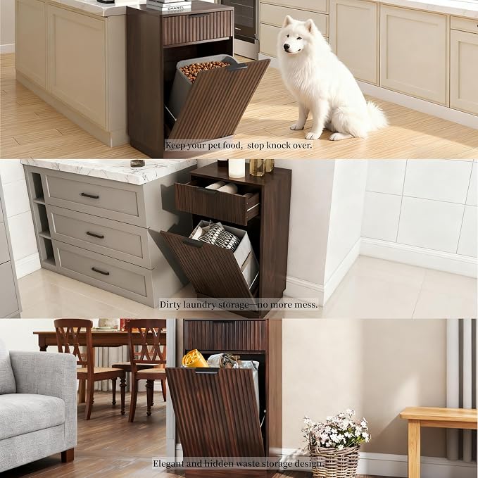 Tilt-Out Trash Cabinet with 10-Gallon Capacity, Walnut Laundry Hamper Cabinet - Image 5