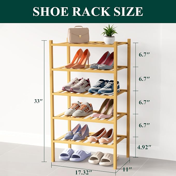 Smiry Bamboo Shoe Rack for Closet, 5 Tier Small Wooden Stackable Shoe Organizer - Image 2