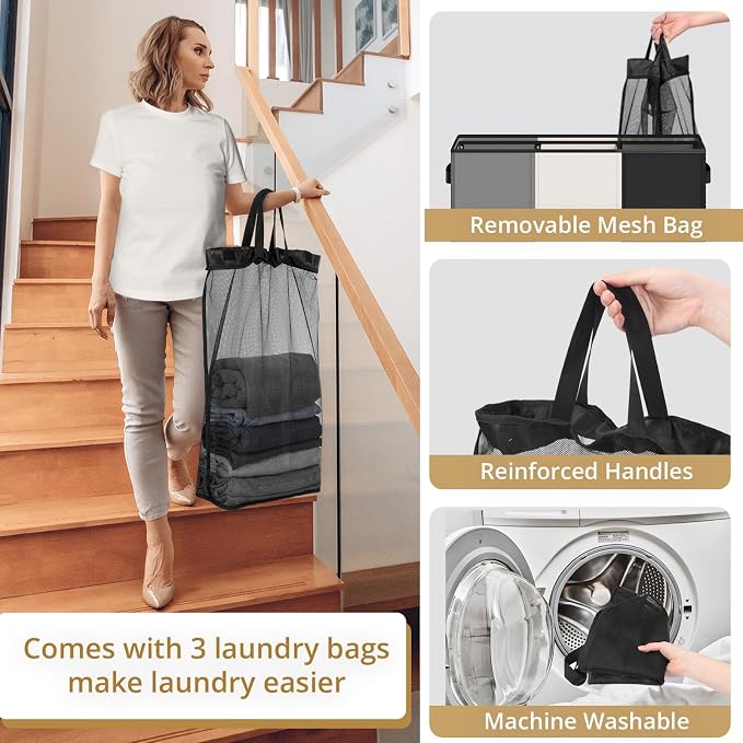 180L Laundry Hamper 3 Section, Large Laundry Basket - Image 5
