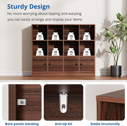 Cozy Castle Brown Wood Bookcase, 12 Cube Storage Organizer Bookshelf - Image 5