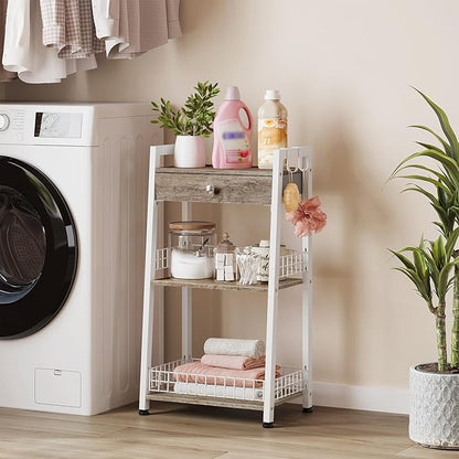 3-Tier Ladder Shelf with Drawer, Bathroom Floor Storage Shelf, Freestanding - Image 4