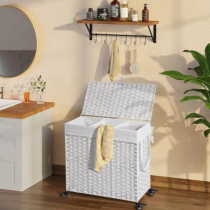 Greenstell Laundry Hamper with Wheels&Lid, 130L Large 3 Sections Clothes Hamper - Image 2