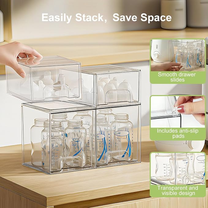 Baby Bottle Storage Organizer: Clear Stackable Storage Drawers, Acrylic Bottles - Image 5