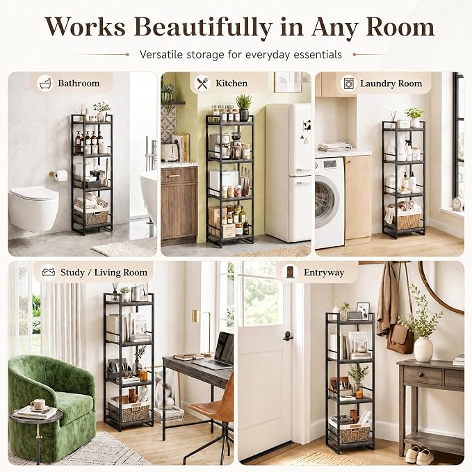 BYFU 4 Tier Bathroom Storage Open Shelf Grey Metal Corner Storage Rack | 46.1" - Image 7