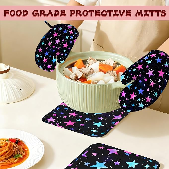 Blue Pink Stars Heat-Resistant Silicone Oven Mitts and Pot Holder 4 Piece Set - Image 7