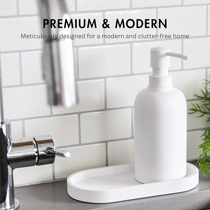 Matte White Round Soap Dispenser Tray, 8” Soap and Lotion Bottle Tray Organizer - Image 2