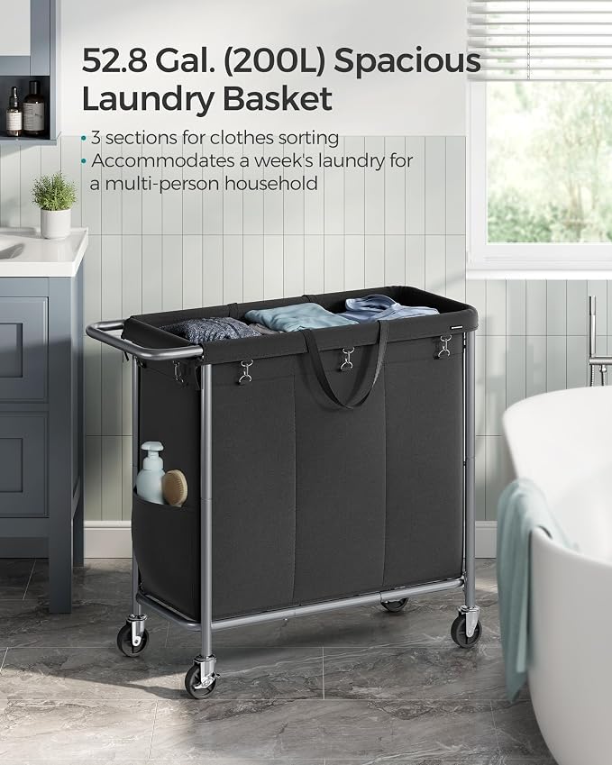 SONGMICS Laundry Basket with Wheels, 3-Section Rolling Laundry Hamper, 52.8 - Image 3