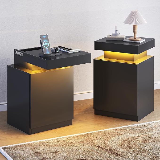 MXV Nightstand with LED Lights & Charging Station, Storage Cabinet & Drawers by Unknown