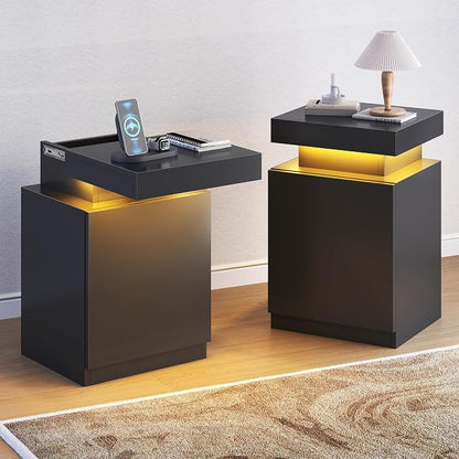 MXV Nightstand with LED Lights & Charging Station, Storage Cabinet & Drawers by Unknown