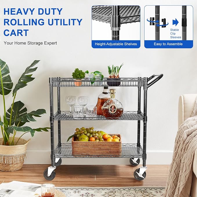 YNN Black Utility Rolling Cart, 990Lbs 3 Tier Heavy Duty Metal Cart - Image 3