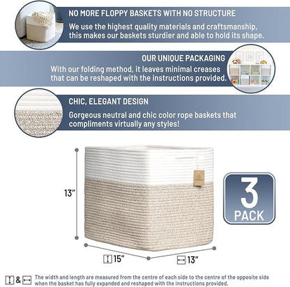 NaturalCozy 13x15x13 Kallax Storage Cubes Bins, 3 Pack | Cotton Rope Cube - Image 2