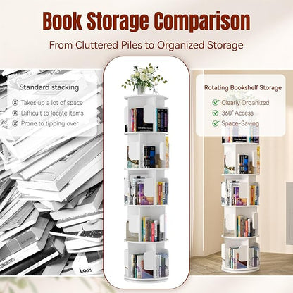 5-Tier 360° Rotating Bookshelf, Round Floor Standing Bookcase - Image 5