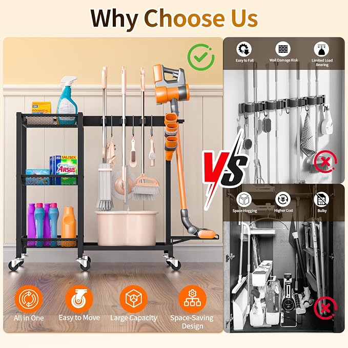 Broom Holder with Cleaning Supplies Organizer Load 350 LBS Cleaning Cart with - Image 6