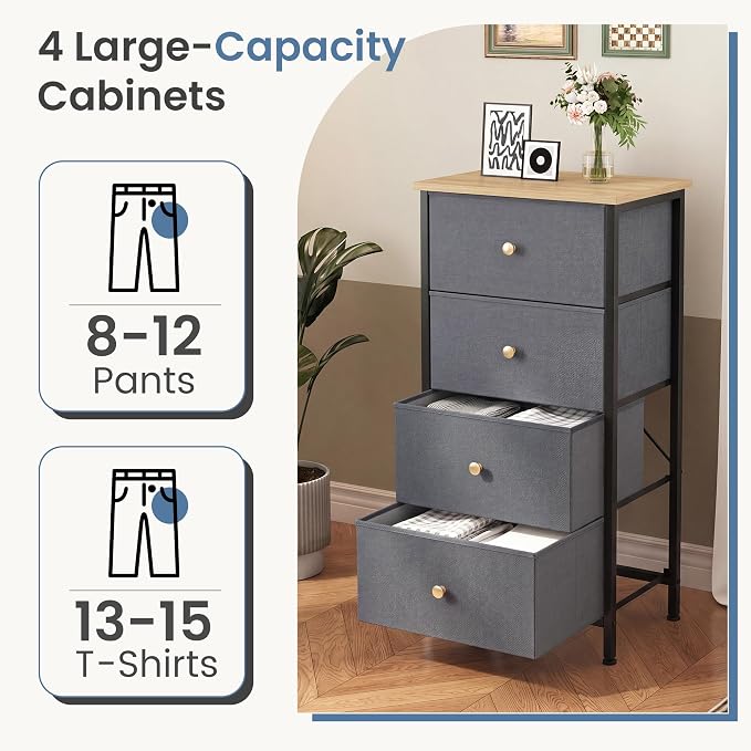 DUMOS Nightstand with 4 Drawers Bedside Table with Removable Fabric Bins Sturdy - Image 4