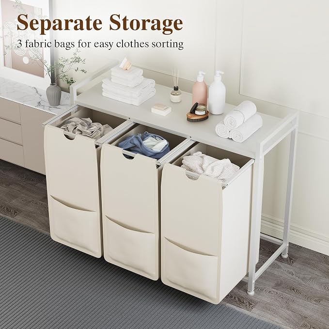 3-Section Laundry Hamper with Shelf, Pull-Out Removable 12.8 gal Bags, Metal - Image 3