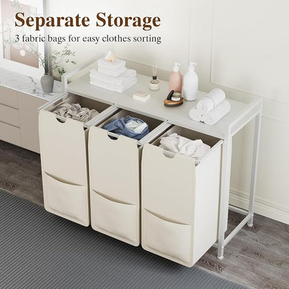3-Section Laundry Hamper with Shelf, Pull-Out Removable 12.8 gal Bags, Metal - Image 3