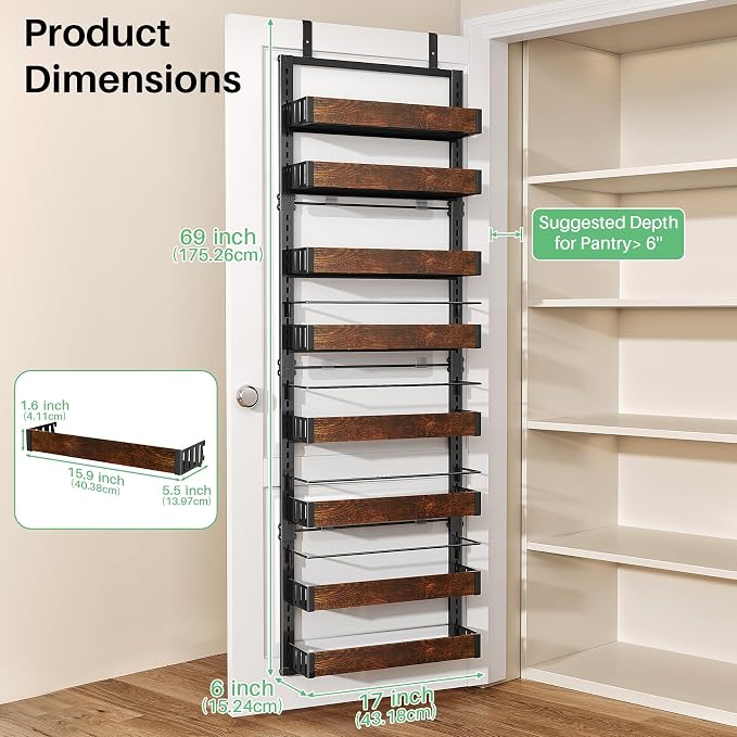 SNTD 8 Tiers Wooden Over Door Organizer, Rustic Brown | Pantry Door Organizers - Image 2