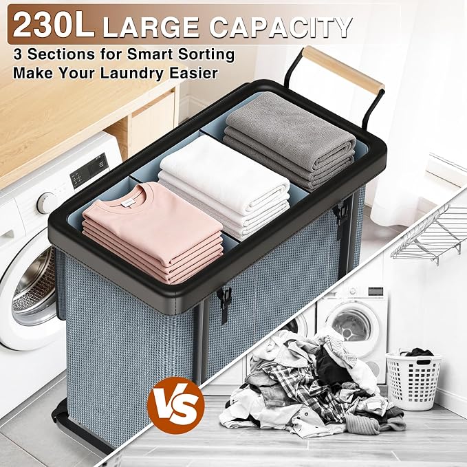 Rolling Laundry Hamper with Wheels, Laundry Hamper 3 Section with Lid, Laundry - Image 4