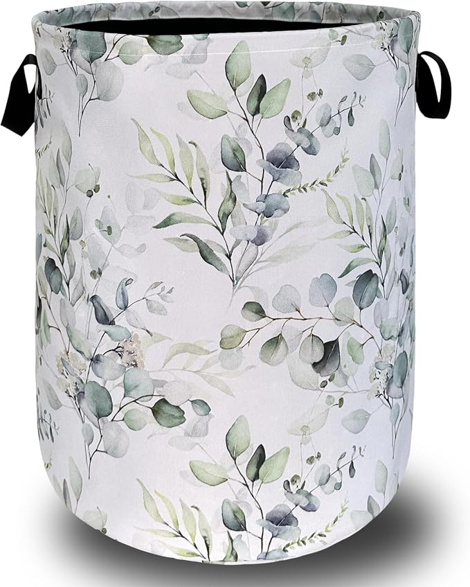 Watercolor Green Leaves Branches Laundry Hamper by SELIONLIKN