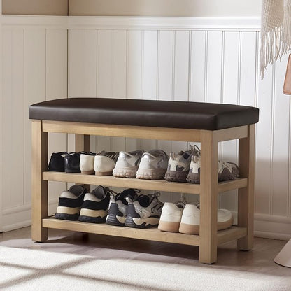 Zihanhome Shoe Rack Bench with Leather Cushion, 2 Tier Solid Wood Storage Bench by Zihanhome