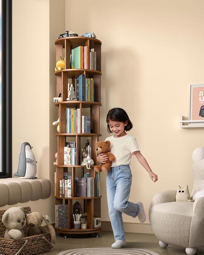 6 Tier Solid Wood Rotating Bookshelf on Wheels, 360° Spinning Book Shelf Tower - Image 8