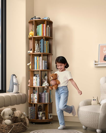 6 Tier Solid Wood Rotating Bookshelf on Wheels, 360° Spinning Book Shelf Tower - Image 8